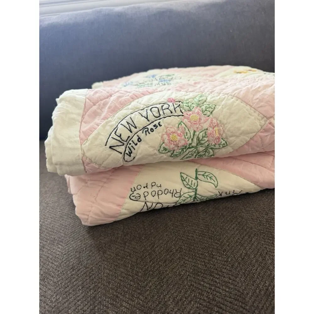 Vintage 48 US State Flower Quilt Embroidered Pink Checkered Handmade